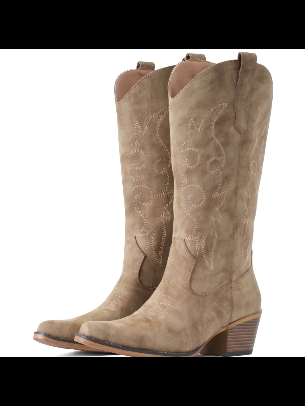 SOLD ‼️‼️‼️Women's Tan Suede Western Knee-High Boots with Embroidered Shaft